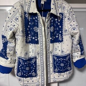 CAROLINE CONSTAS Blue and White Linen Jacket with Patchwork Bandana Print 💙🩵